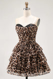 Brown Leopard Strapless Ruffled A Line Corset Mini Homecoming Dress