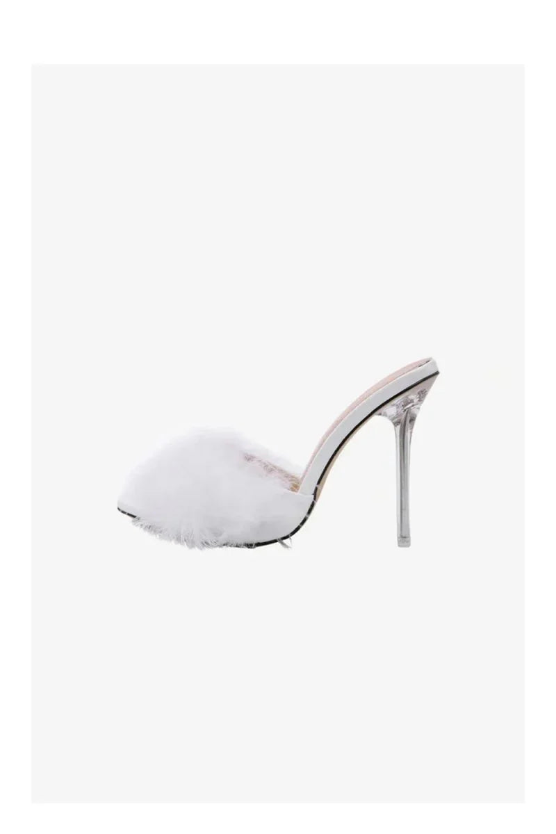 Hot Pink Feathers Pointed Toe Stiletto Sandals