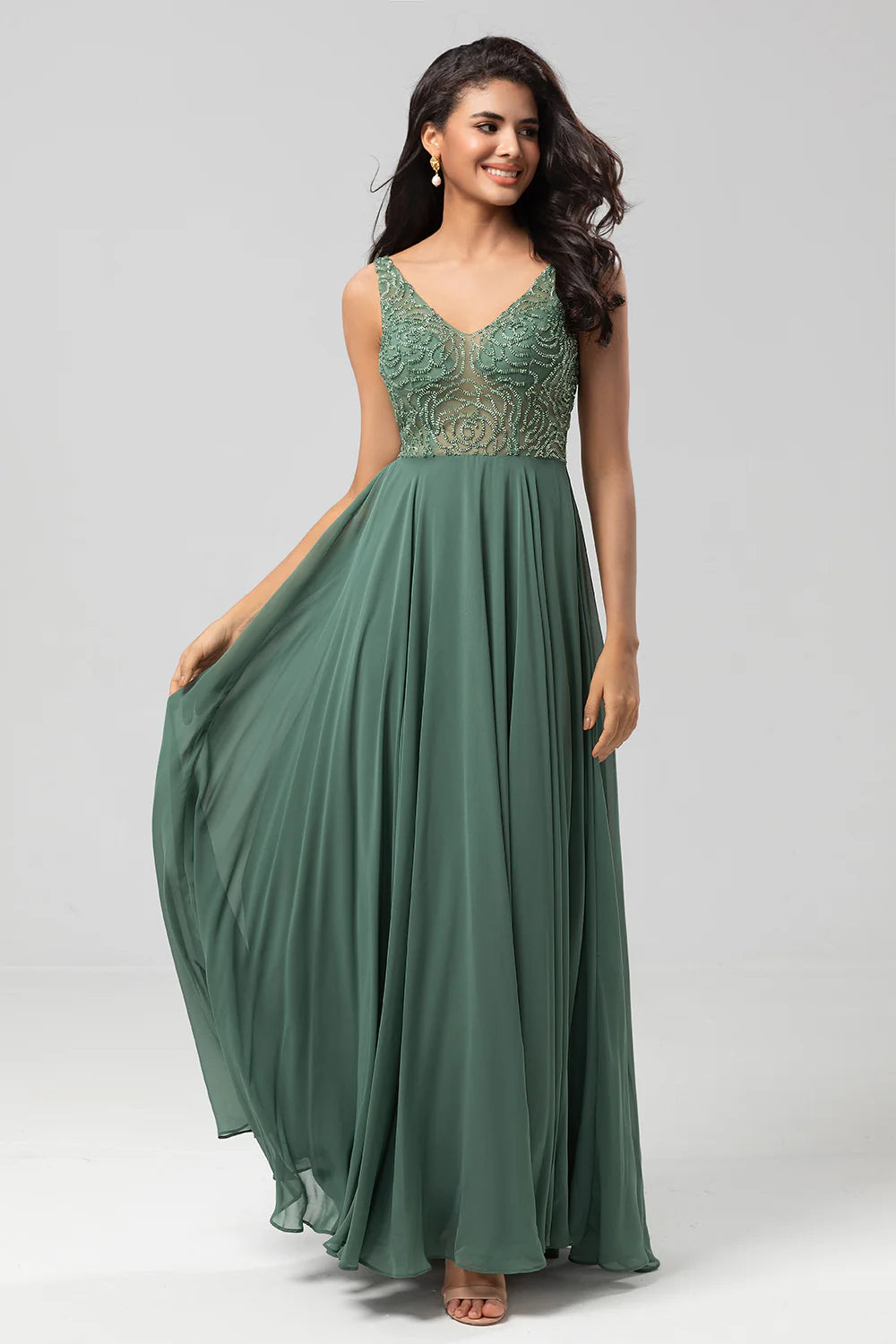 A Line Beaded Eucalyptus Long Bridesmaid Dress