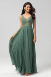 A Line Beaded Eucalyptus Long Bridesmaid Dress