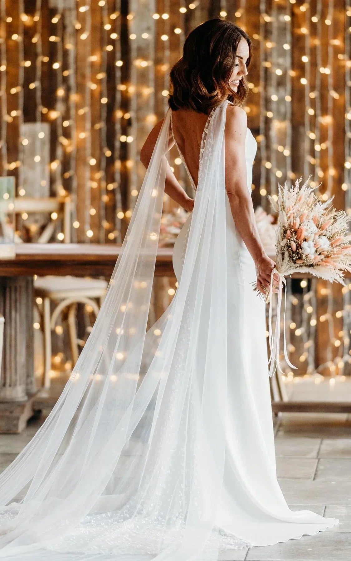 Simple Casual Trumpet V neck Sleeveless Wedding Dress for Women Floor length with V Back Long Train