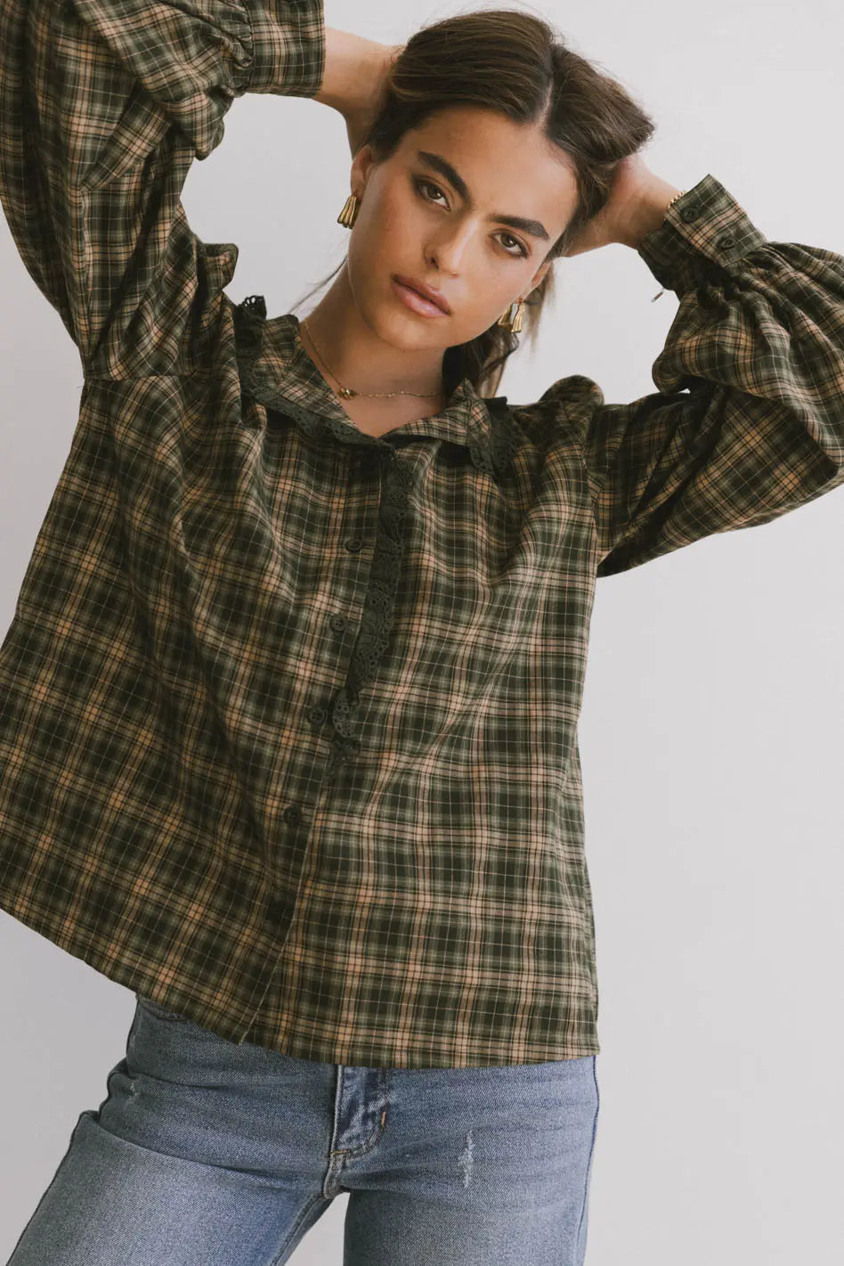 Rue Plaid Button Up in Hunter Green FINAL SALE