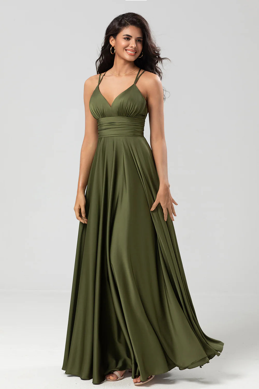 A Line Spaghetti Straps Satin Floor Length Dress