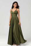 A Line Spaghetti Straps Satin Floor Length Dress