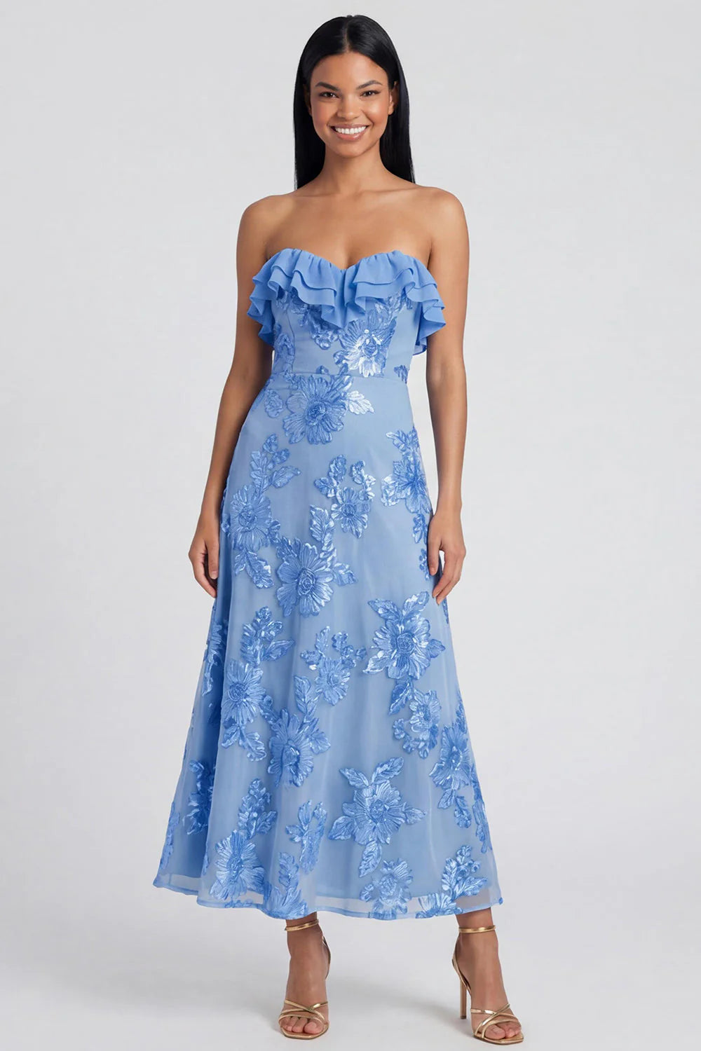 Sweetheart A Line Light Blue Wedding Guest Dress with Appliques