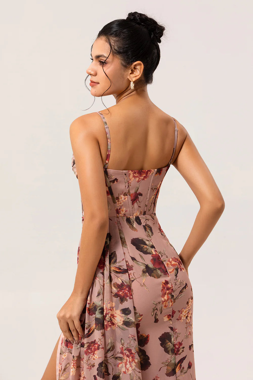 Dusty Rose Flower Fitted Corset Ruched Streamer Chiffon Long Bridesmaid Dress with Slit