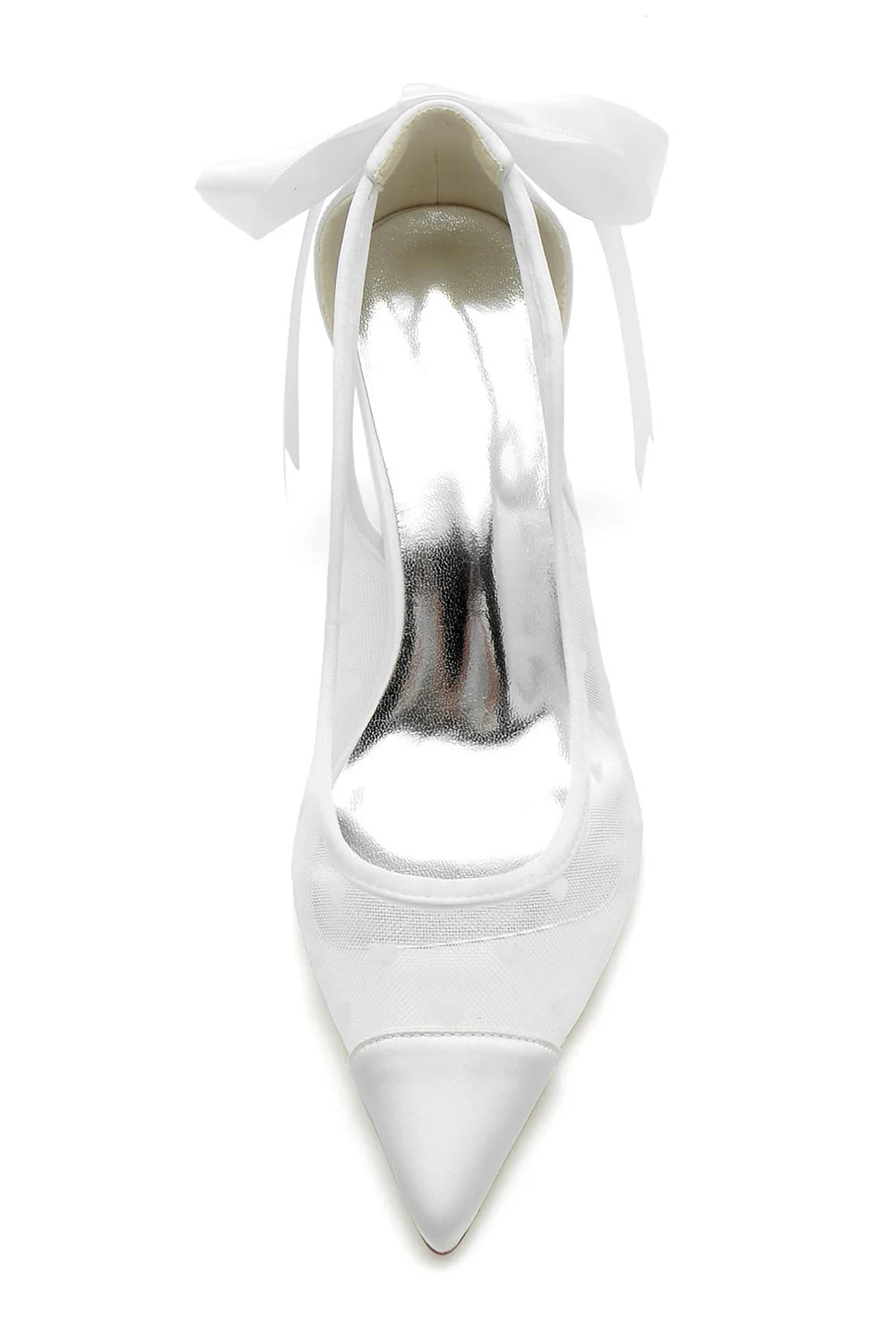 White Mesh Pointed Toe Block Heel Wedding Shoes with Bow