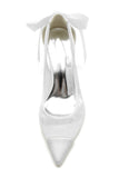 White Mesh Pointed Toe Block Heel Wedding Shoes with Bow