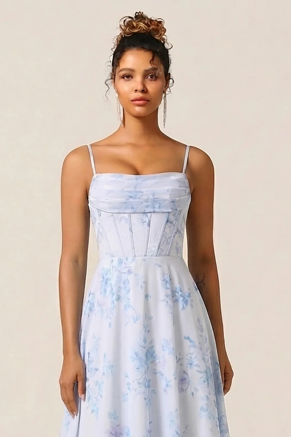 Blue Floral Corset A Line Printed Chiffon Long Bridesmaid Dress