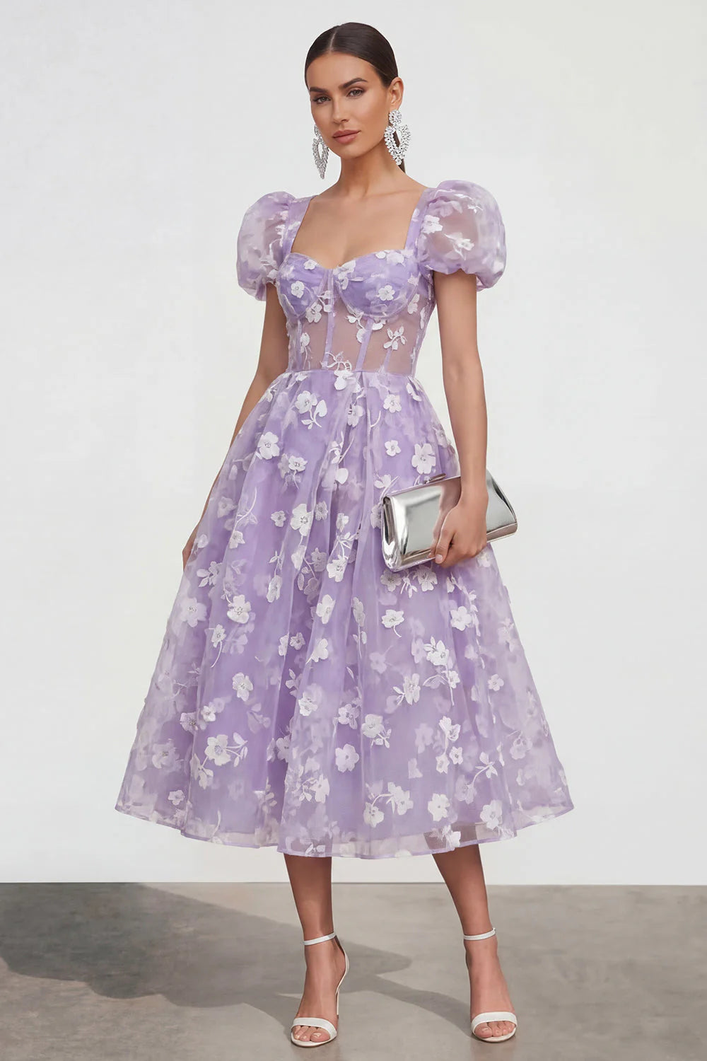 Floral Pink Puff Sleeve A Line Corset Wedding Guest Dress