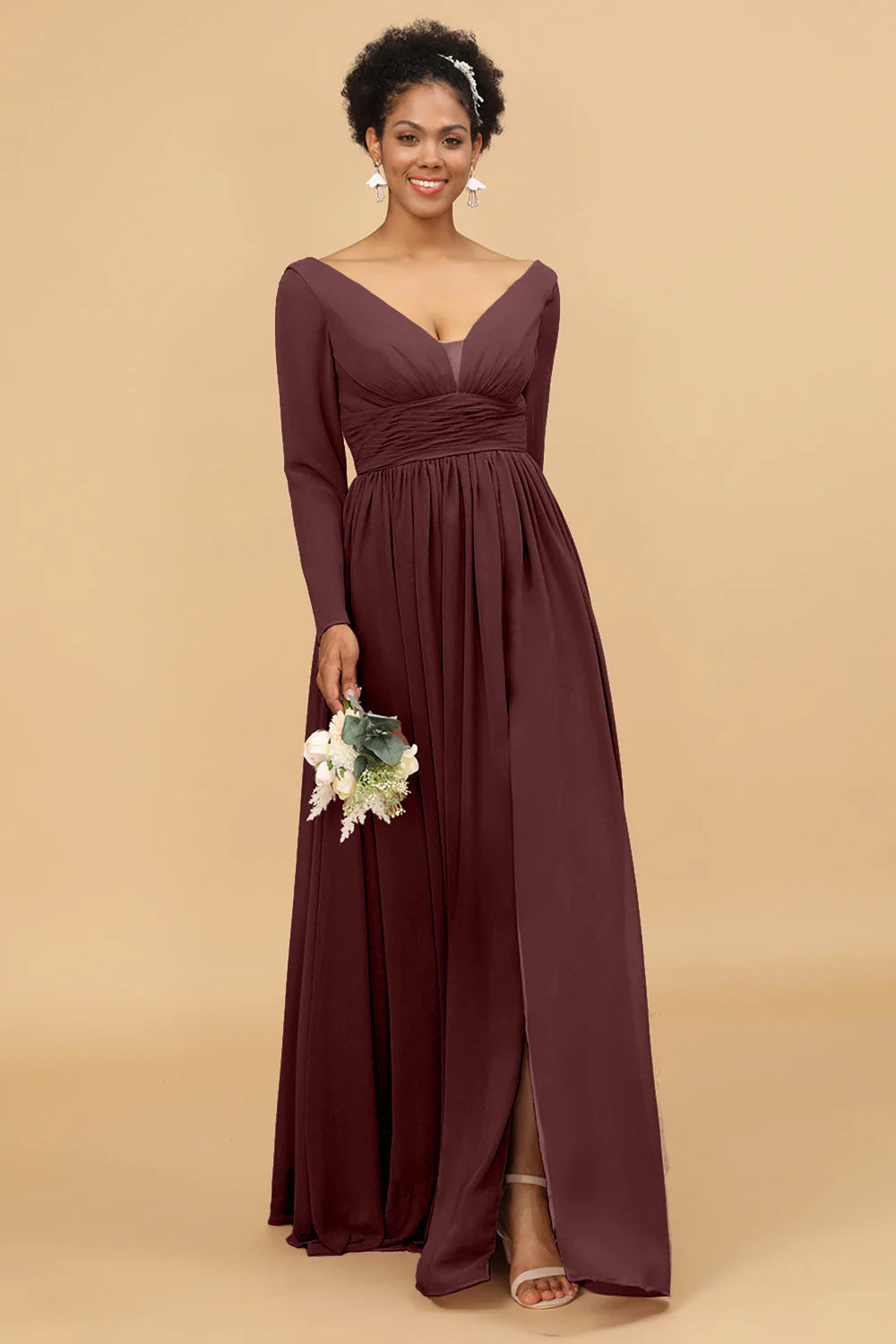 A Line V Neck Long Sleeves Chiffon Bridesmaid Dress with Slit