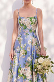 Floral Blue Spaghetti Straps A Line Bridesmaid Dress
