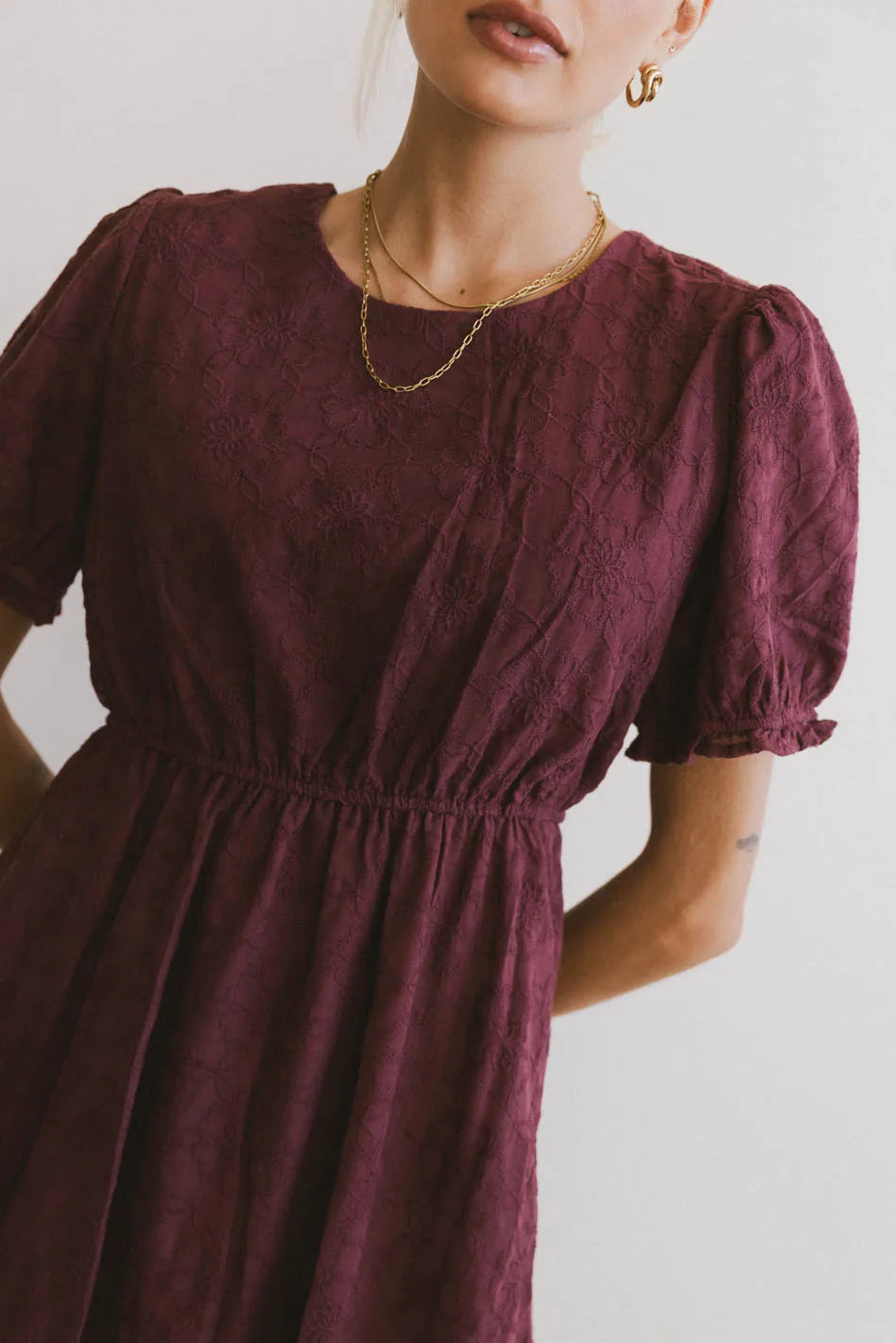 Cecy Embroidered Midi Dress in Burgundy FINAL SALE