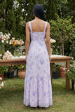Floral Lilac Square Neck A Line Maxi Wedding Guest Dress with Slit