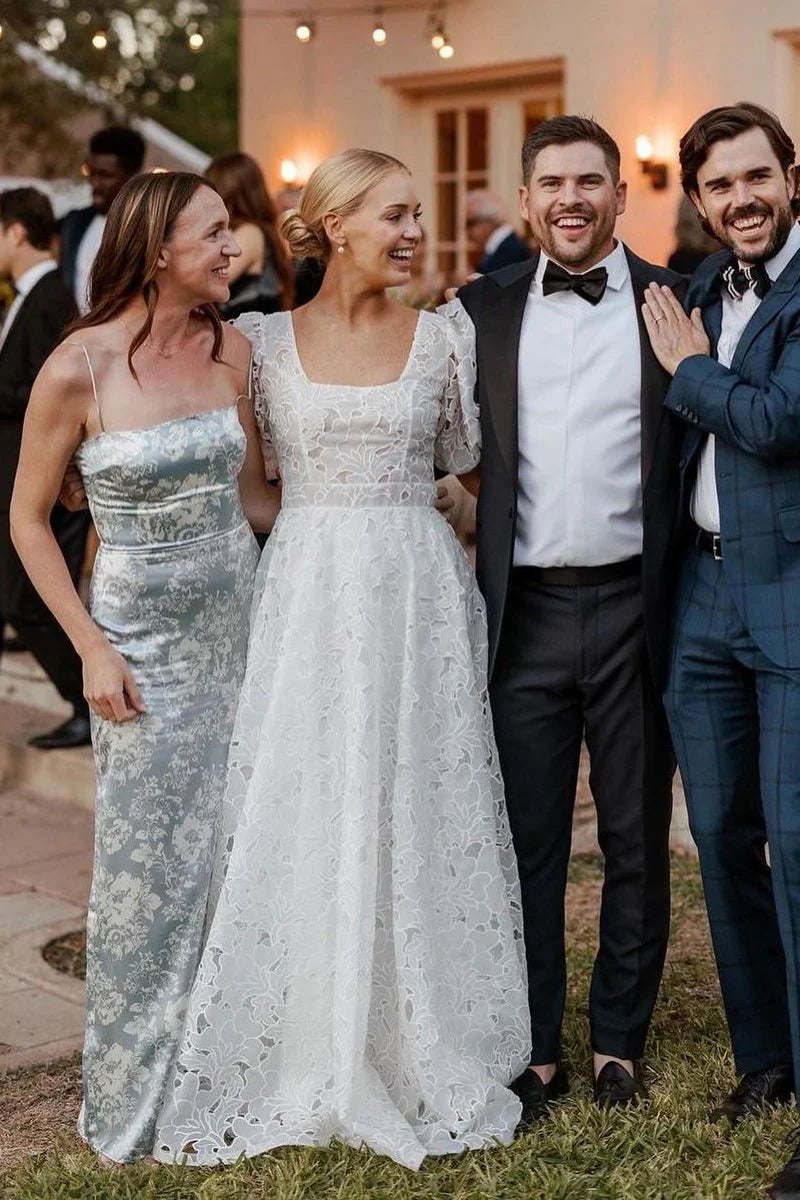 A Line Square Neck Vintage Lace Wedding Dresses