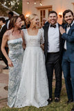 A Line Square Neck Vintage Lace Wedding Dresses