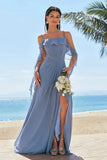 Grey Blue A Line Cold Shoulder Ruched Chiffon Long Bridesmaid Dress with Slit