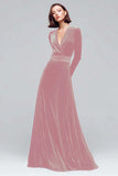 Black Velvet A Line V Neck Long Sleeves Maxi Holiday Party Dress