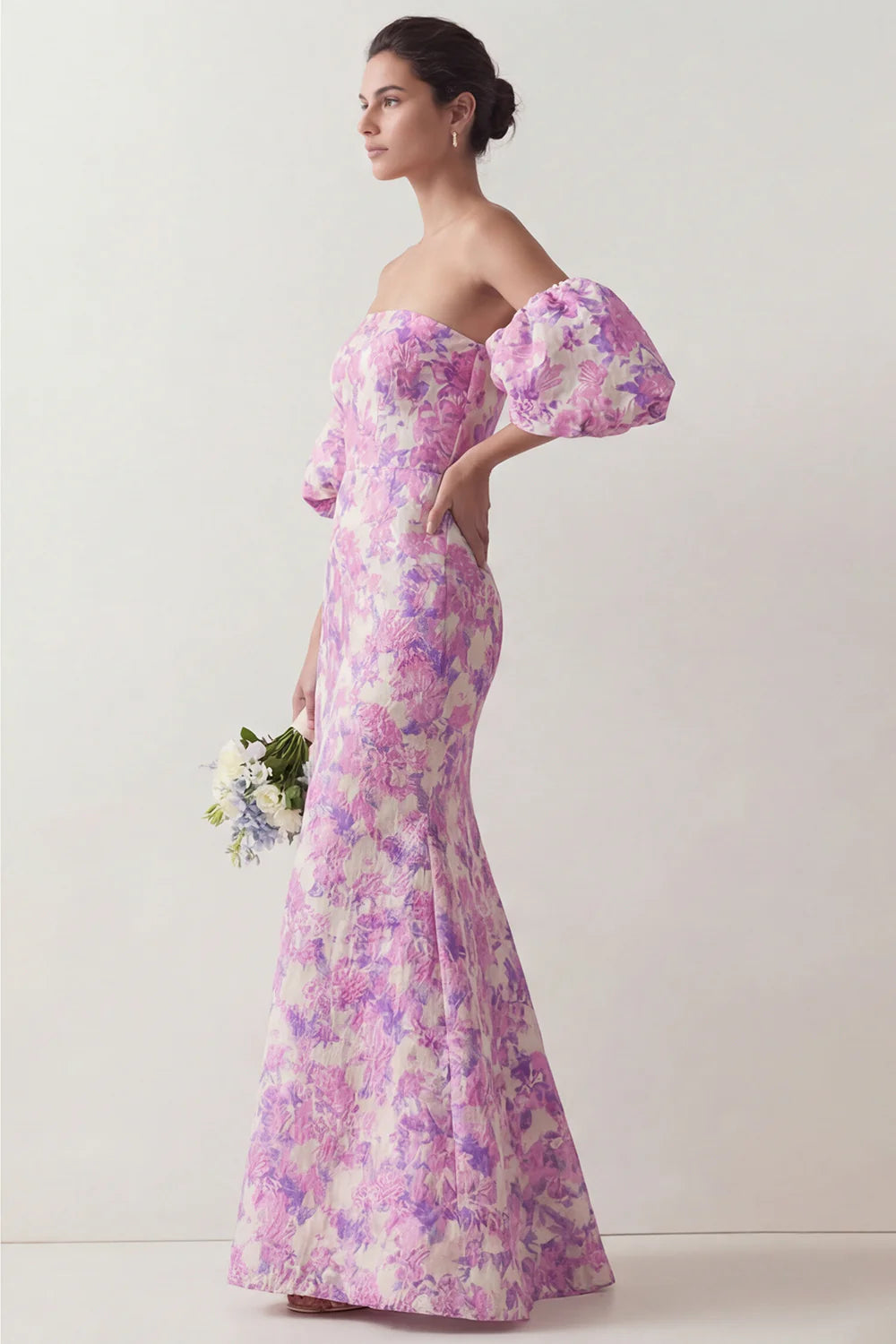 Blue White Flower Mermaid Strapless Satin Convertible Dress with Removable Sleeves