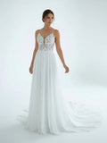 A Line V Neck Chiffon Boho White Appliques Wedding Dresses