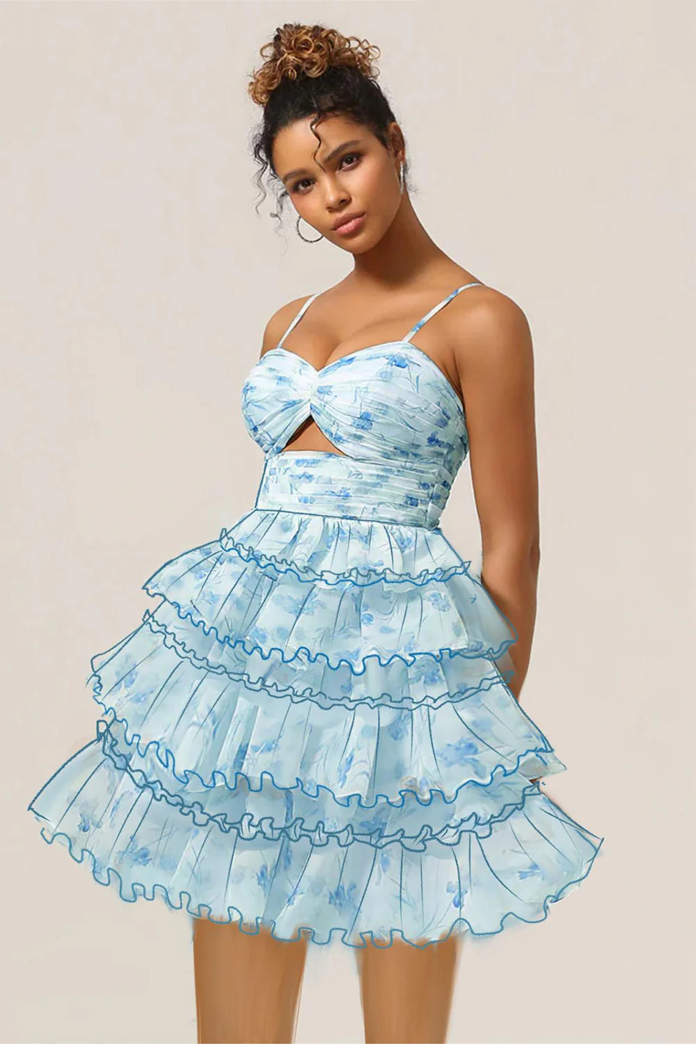 Blue Flower A Line Tiered Pleated Cut Out Short Homecoming Dress