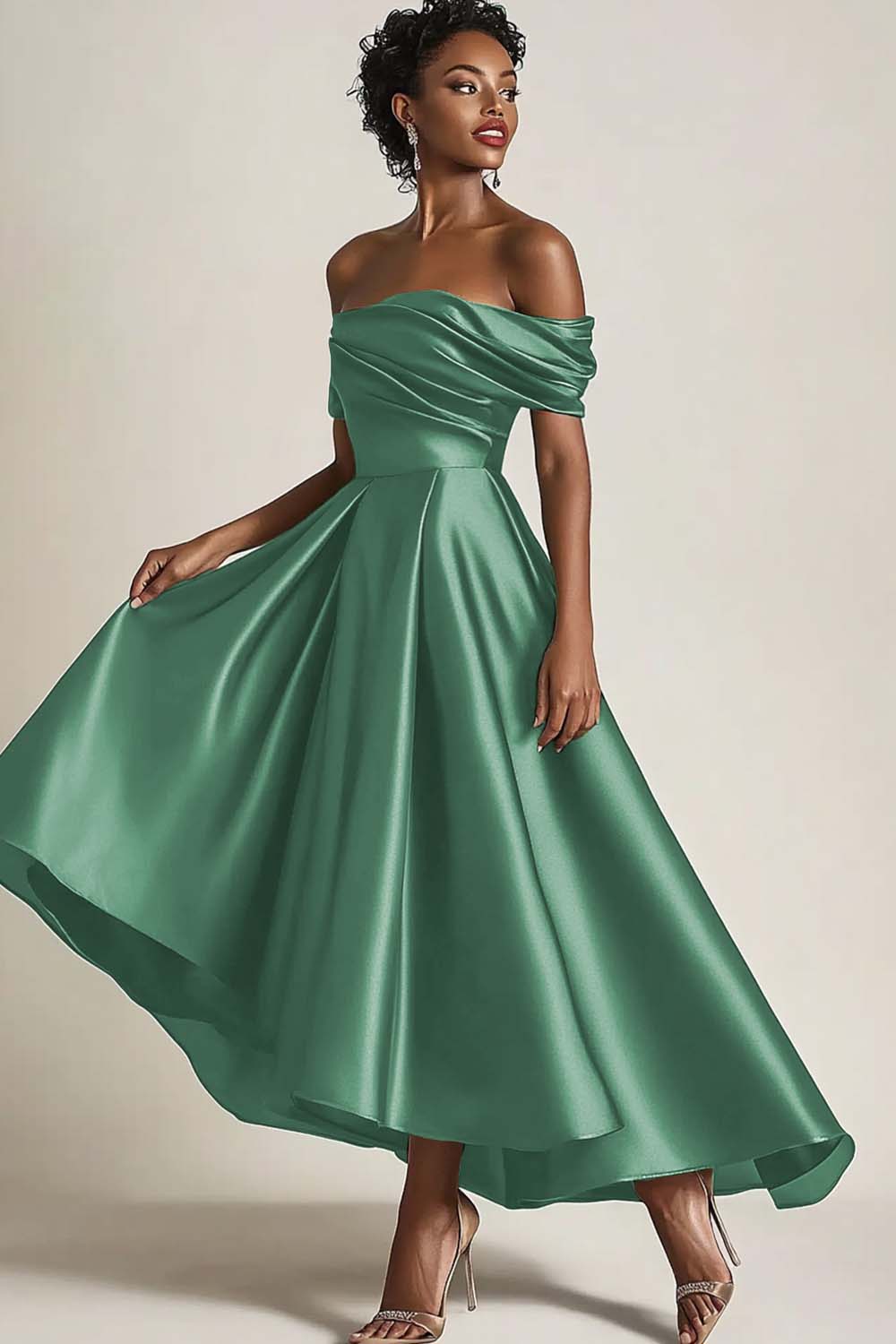 Olive A Line Off the Shoulder Ruched Satin Long Mother of the Bride Dress