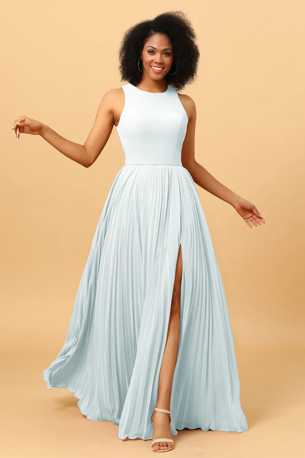 A Line Pleated Long Chiffon Bridesmaid Dress with Ruffles