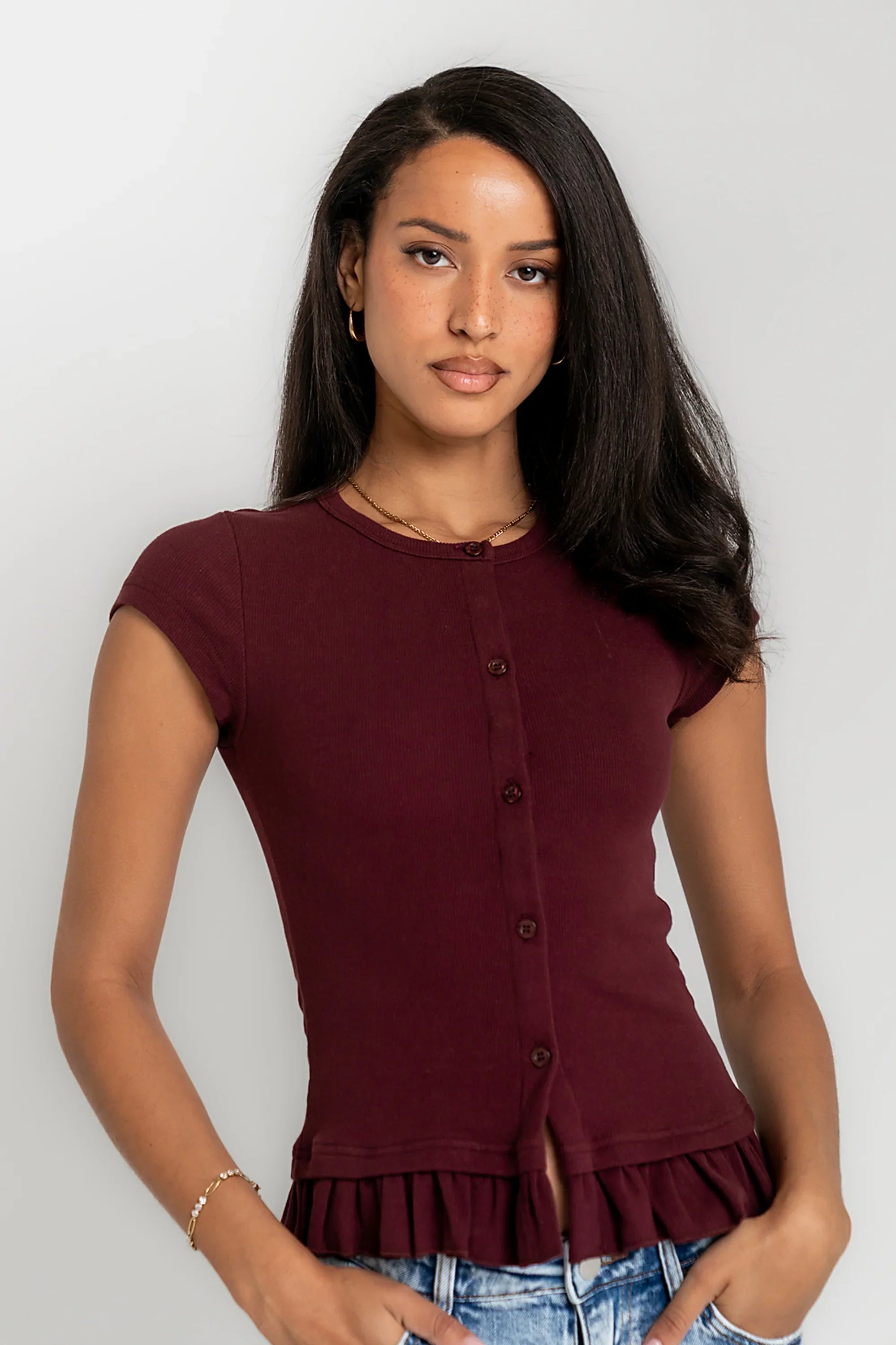 Misha Ruffle Top in Burgundy