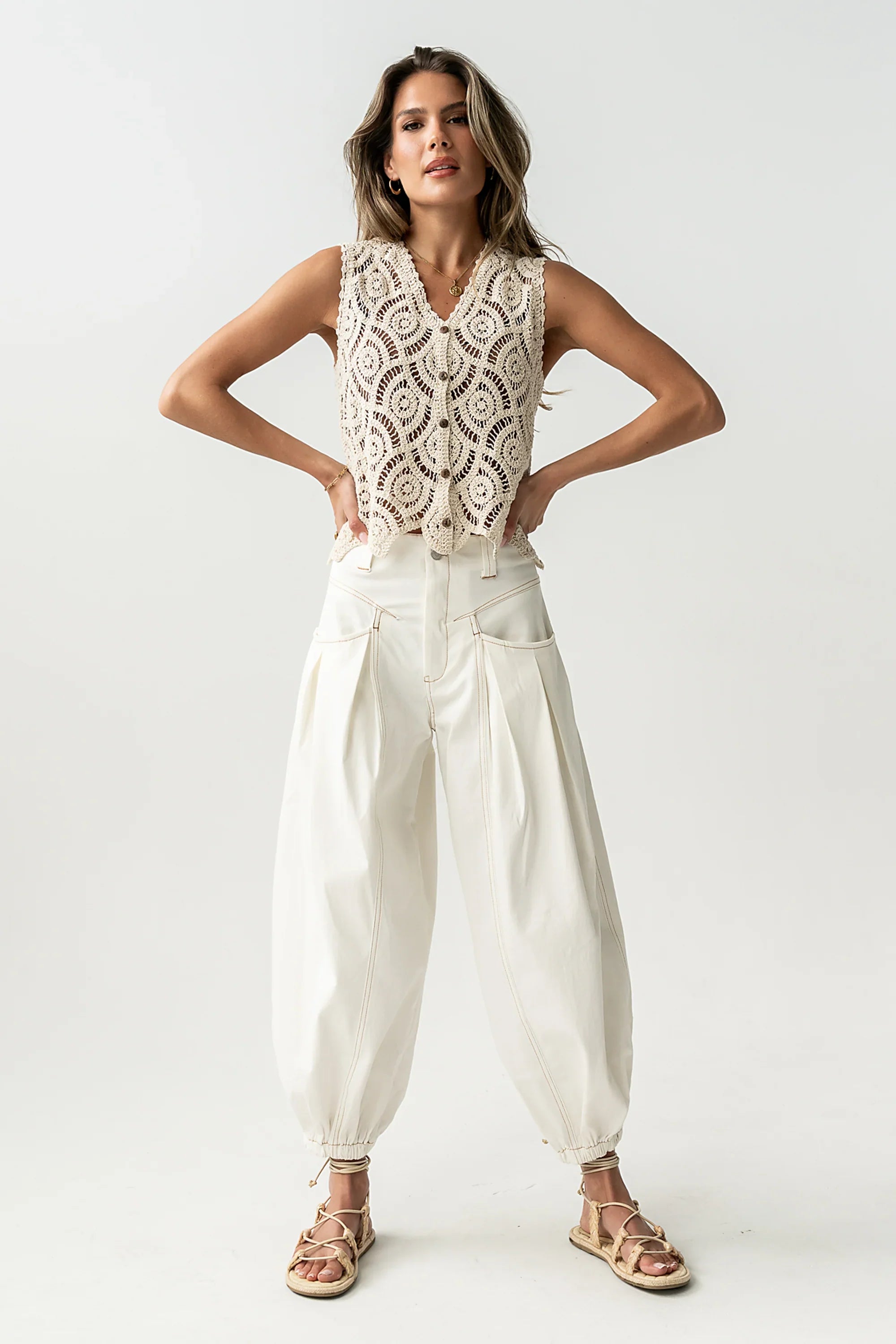 Vicky Crochet Vest in Tan