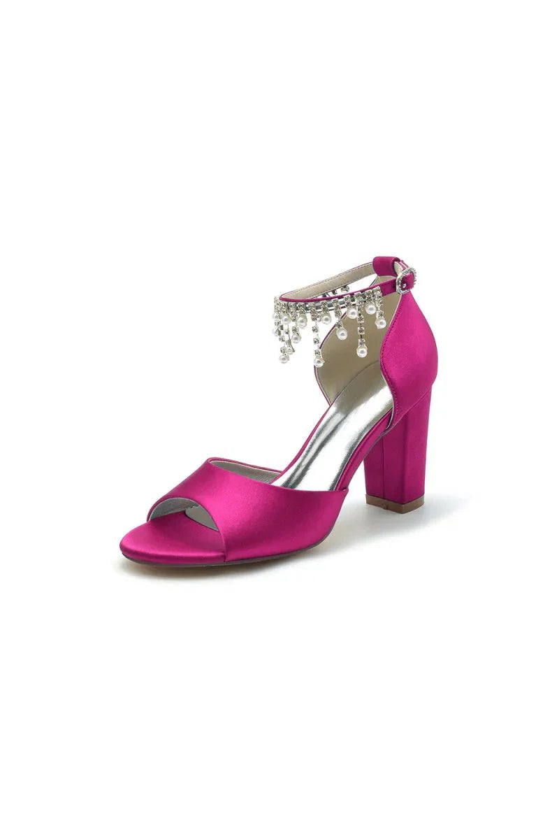 Open Toe Pearl Tassel Satin Chunky Heels