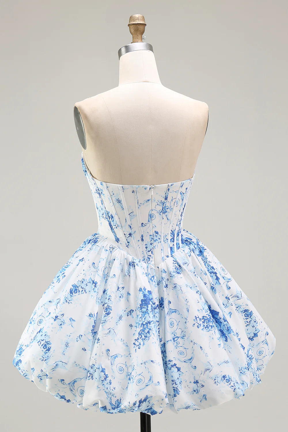 White Blue Flower A Line Strapless Printed Homecoming Dress with Beading