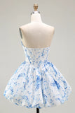 White Blue Flower A Line Strapless Printed Homecoming Dress with Beading