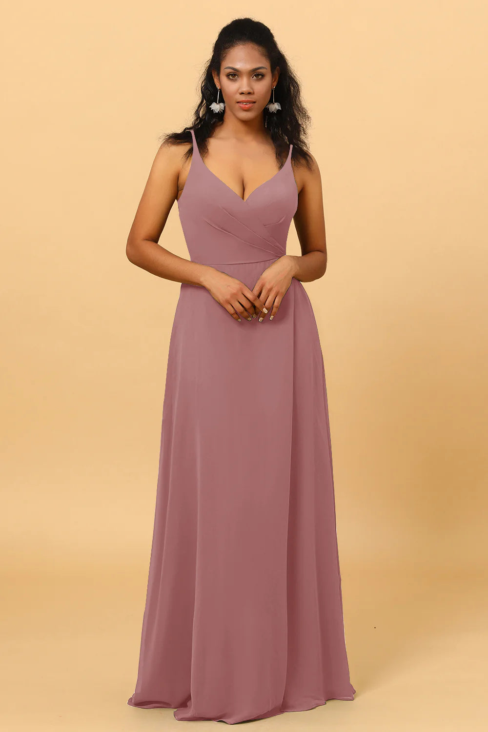 A Line V Neck Spaghetti Straps Floor Length Long Chiffon Bridesmaid Dress