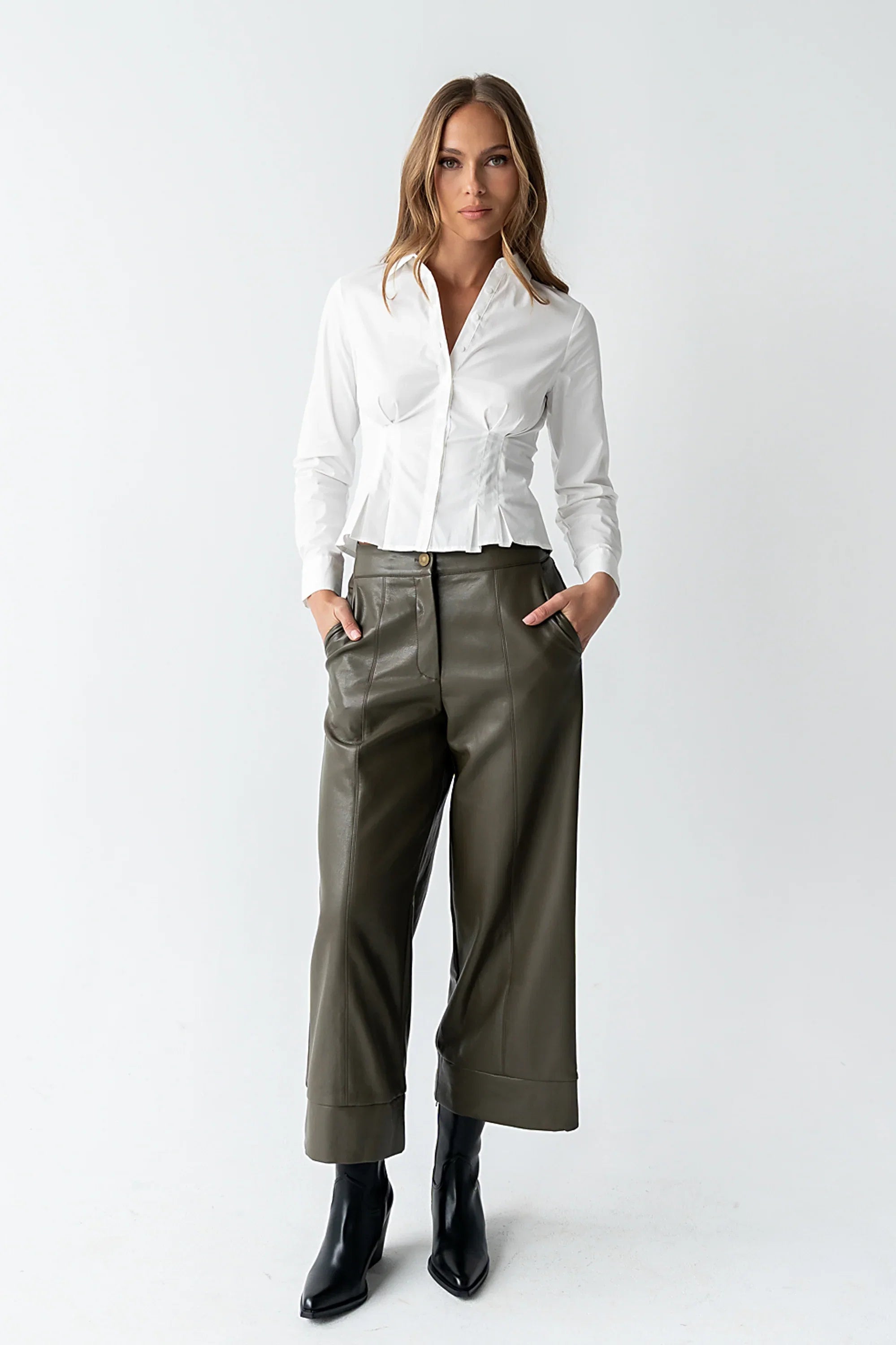 Brecken Pleated Button Up in White