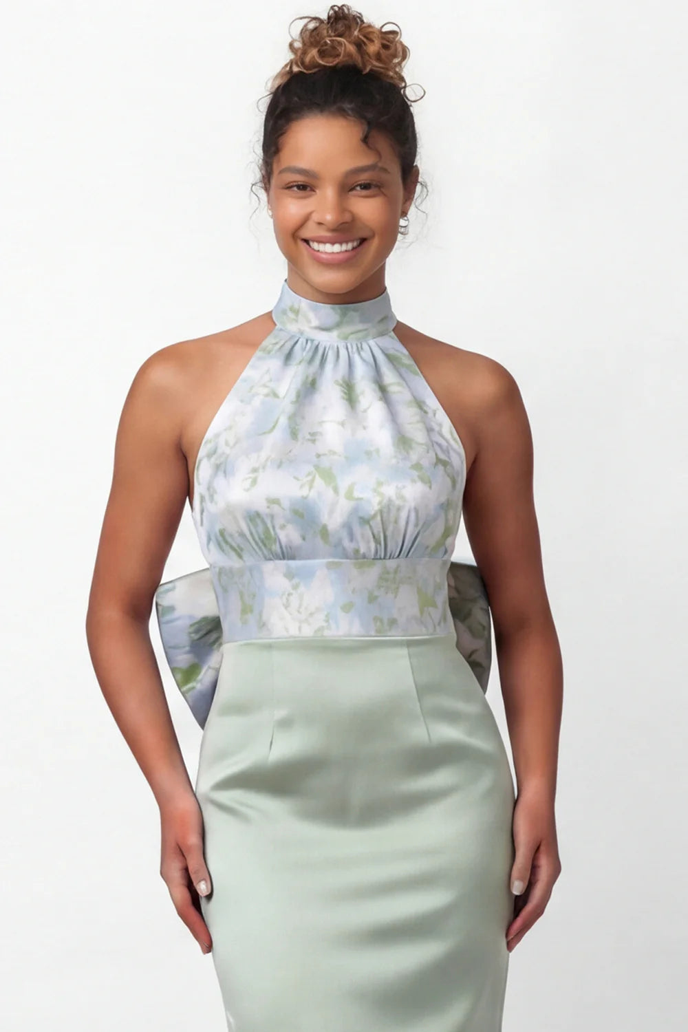 Green Printed Mermaid Halter Satin Bridesmaid Dress with Bow