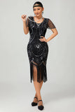Gatsby Black Silver Scoop Fringed Bodycon 1920s Dress with Sequins