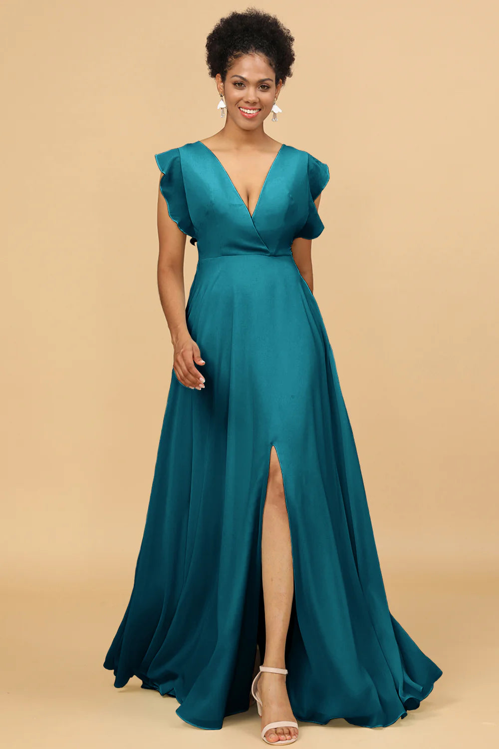 A Line V Neck Floor Length Chiffon Bridesmaid Dress with Slit