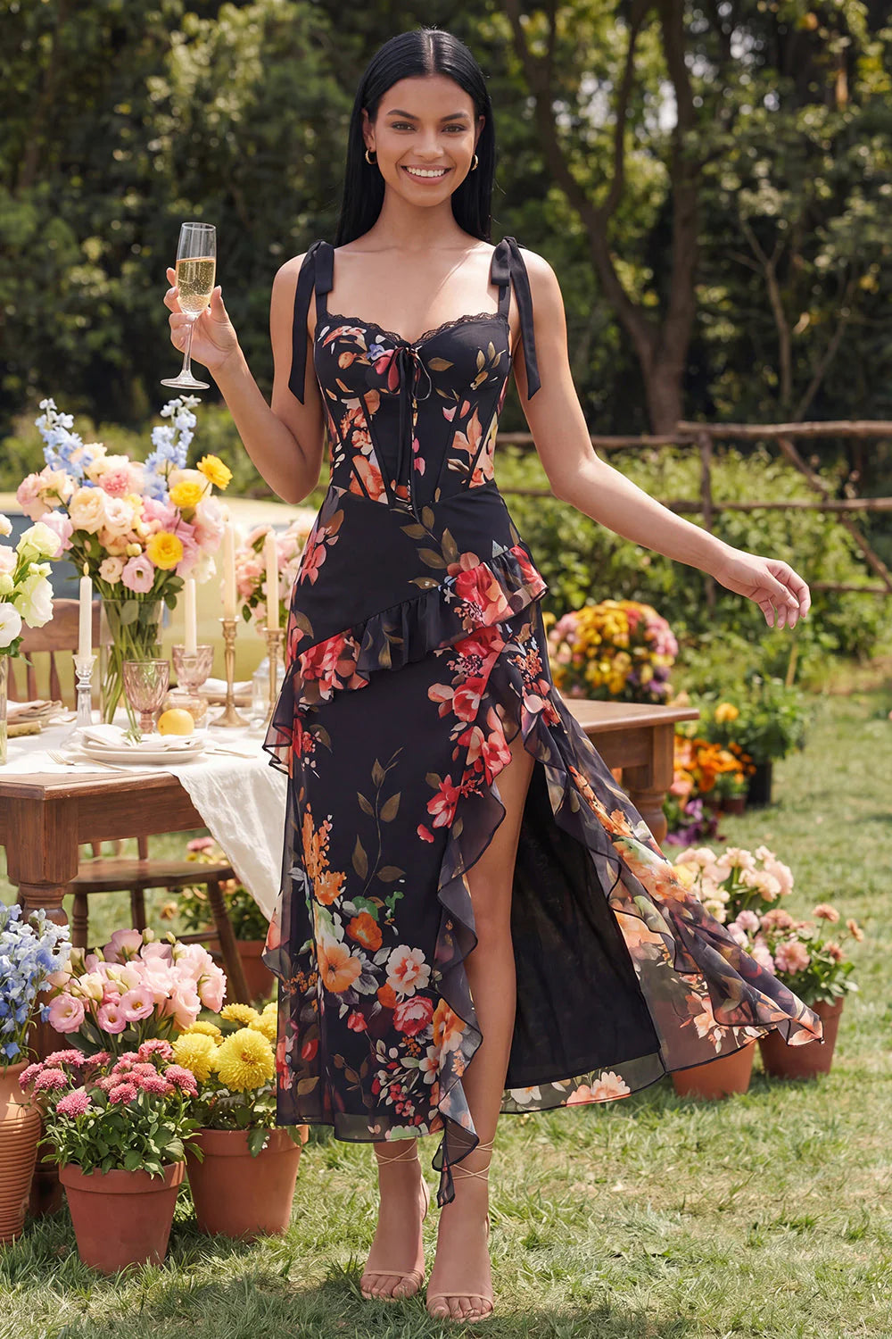 Black Ruffled Floral Corset Midi Wedding Guest Dress