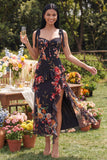 Black Ruffled Floral Corset Midi Wedding Guest Dress