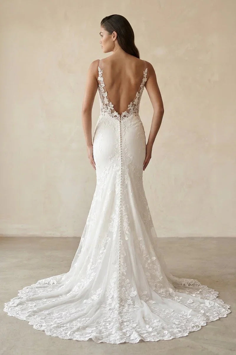 Mermaid V Neck Satin Wedding Dresses with Lace Appliques