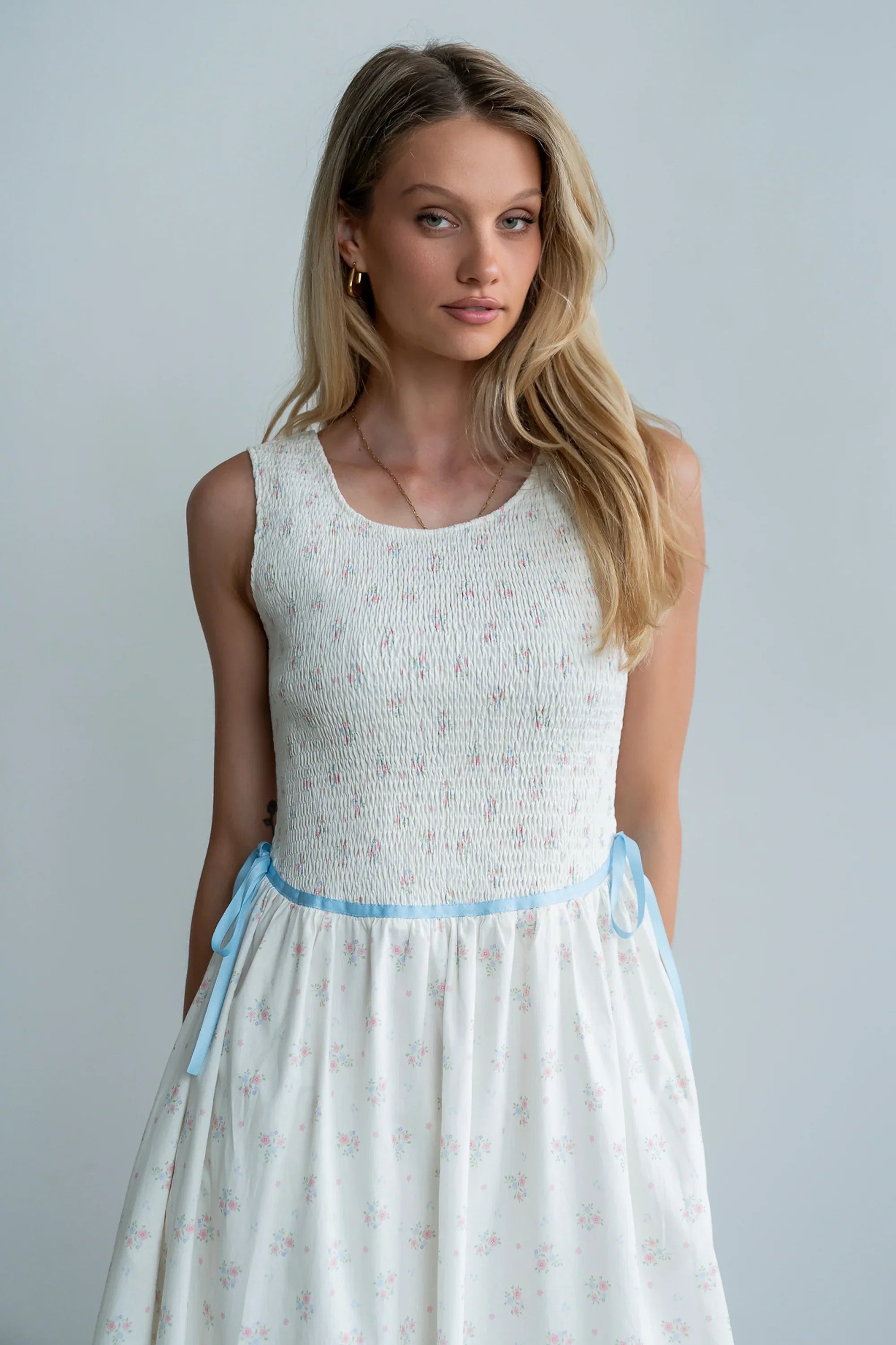 Kammie Smocked Midi Dress in Cream
