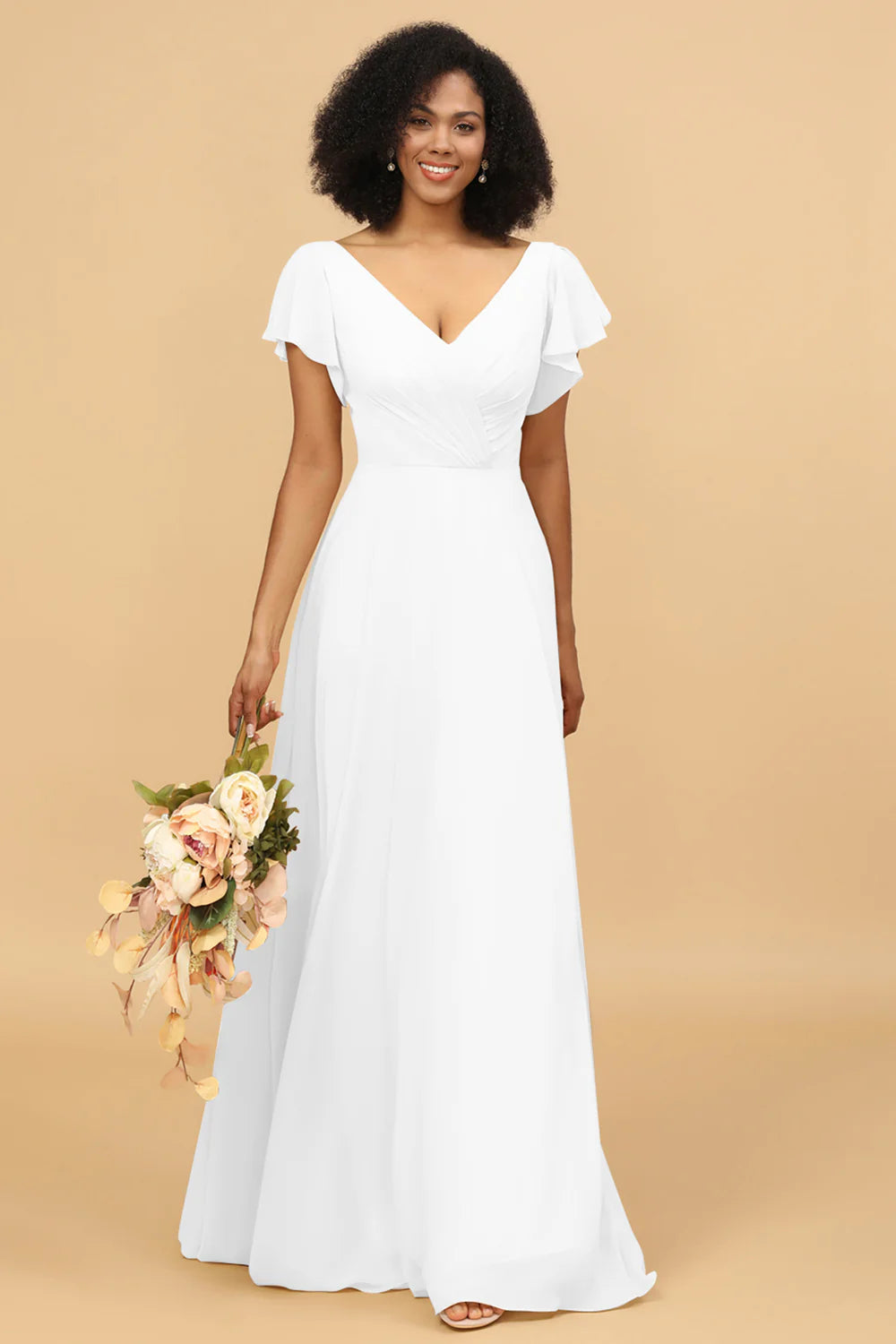 V Neck Cape Long Floor Length Chiffon Bridesmaid Dress
