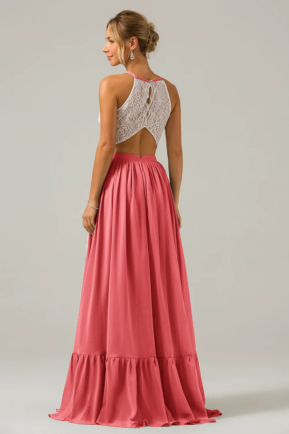 A Line Halter Pleated Keyhole Chiffon Bridesmaid Dress With Lace