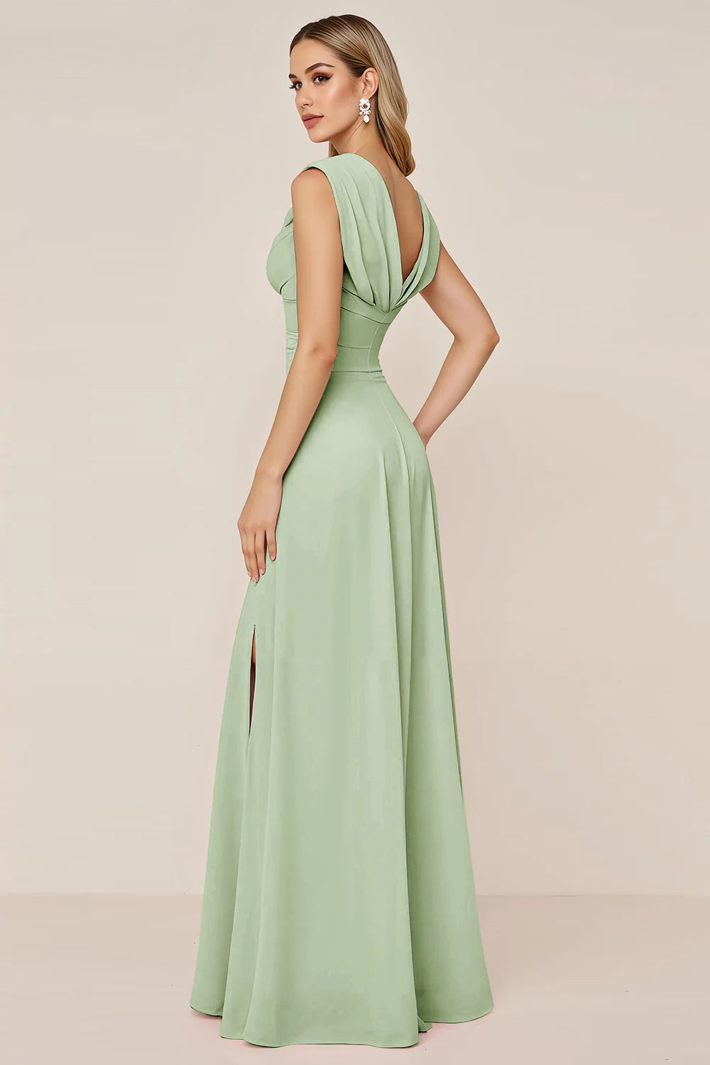 Burgundy A Line Cowl Neck Long Bridesmaid Dress with Slit