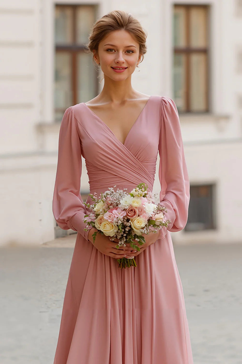 Elegant Vintage Mauve A Line V Neck Long Sleeves Bridesmaid Dress