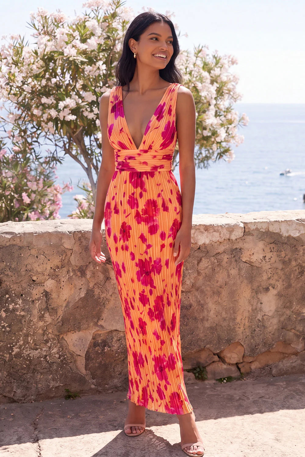 Orange Pleated V Neck Floral Wedding Guest Dress