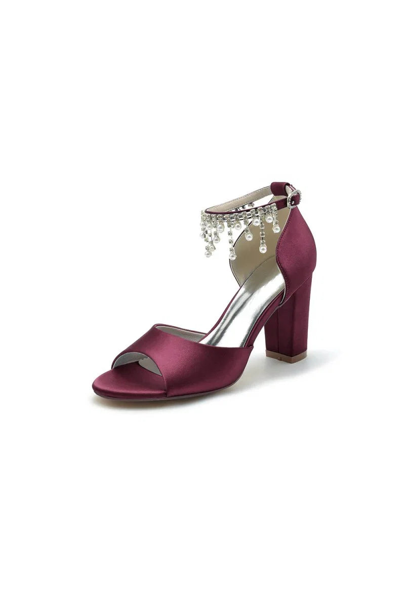 Open Toe Pearl Tassel Satin Chunky Heels