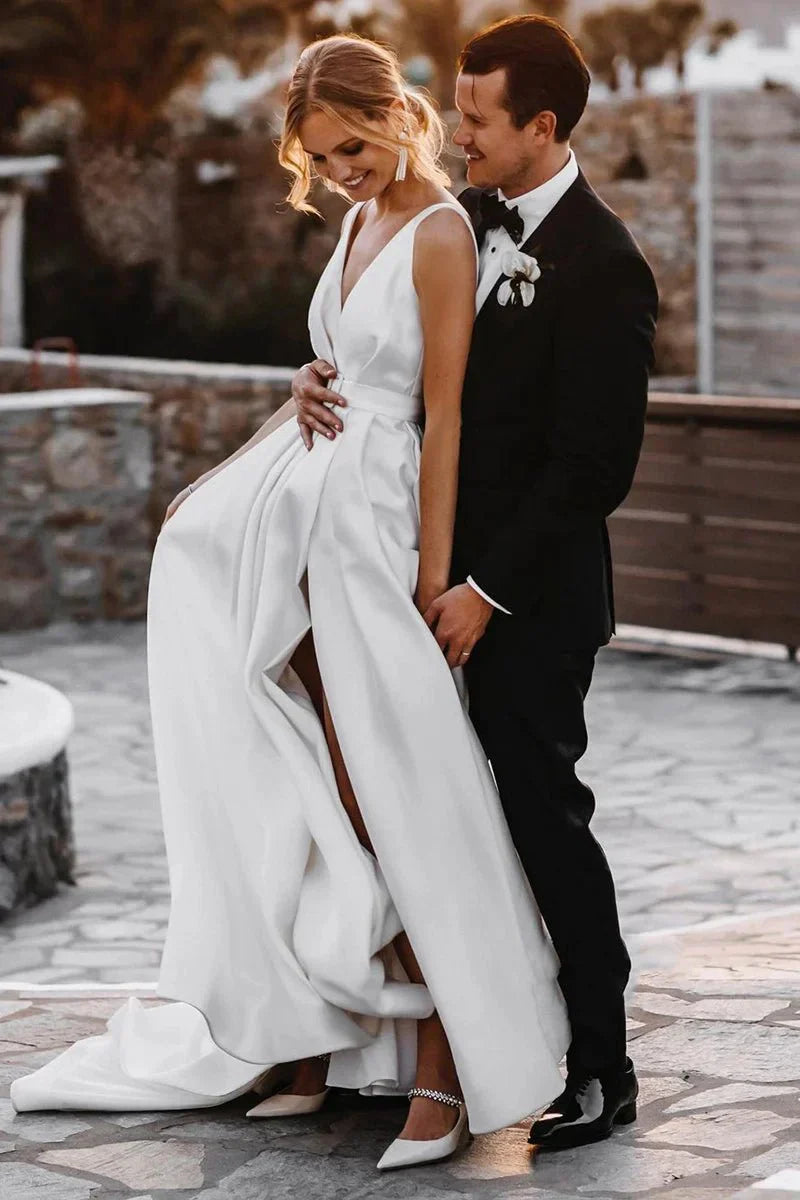 Attractive Deep V Neck White Satin Bohemian Wedding Dress