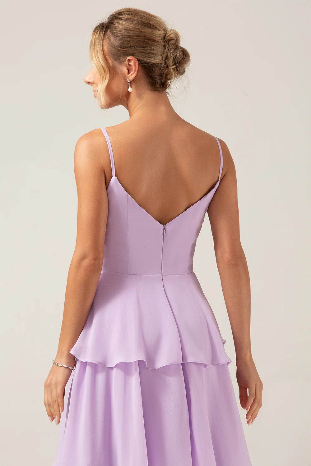 A Line Spaghetti Straps Tiered Floor Length Lilac Bridesmaid Dress With Slit