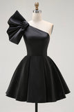 Black A Line Satin One Shoulder Mini Cocktail Dress